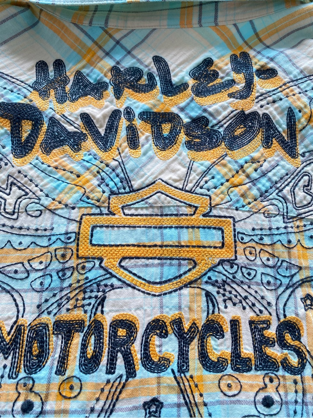Harley-Davidson Yellow and Teal Plaid Short-Sleeve Button-Down Shirt Size 2W